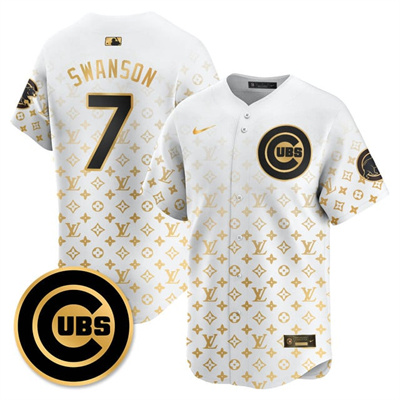 Men's Chicago Cubs Luxury Jersey white gold #7 Dansby Swanson