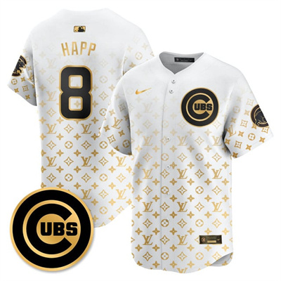 Men's Chicago Cubs Luxury Jersey white gold #8 Ian Happ
