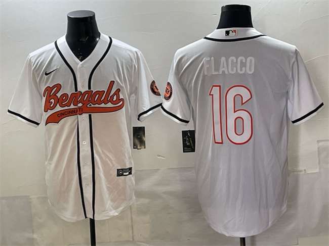 Men's Cincinnati Bengals #16 Joe Flacco White With Patch Cool Base Stitched Baseball Jersey