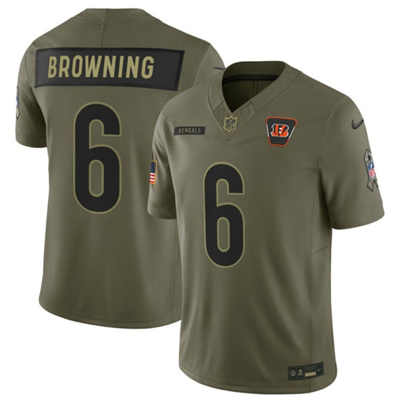 Men's Cincinnati Bengals #6 Jake Browning Olive 2025 Salute to Service Limited Football Stitched Jersey