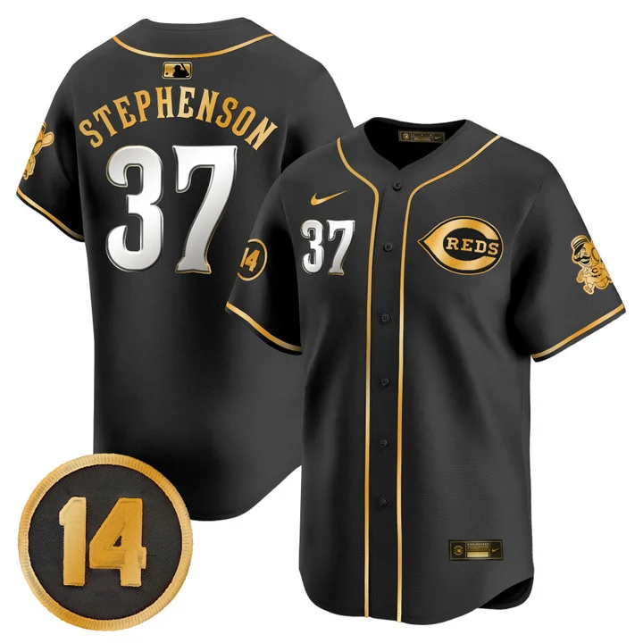 Men's Cincinnati Reds Pete Rose Patch Vapor Premier Limited Jersey BLACK  GOLD#37 TYLER STEPHENSON