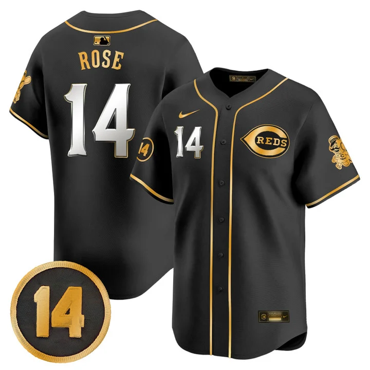 Men's Cincinnati Reds Pete Rose Patch Vapor Premier Limited Jersey BLACK GOLD#14 PETE ROSE