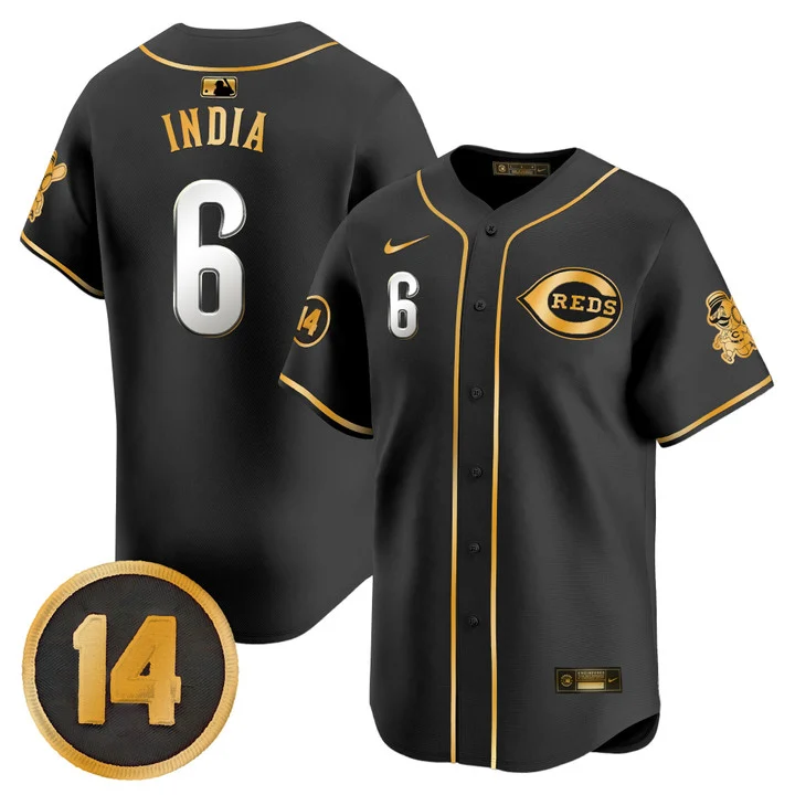 Men's Cincinnati Reds Pete Rose Patch Vapor Premier Limited Jersey BLACK GOLD#6 JONATHAN INDIA