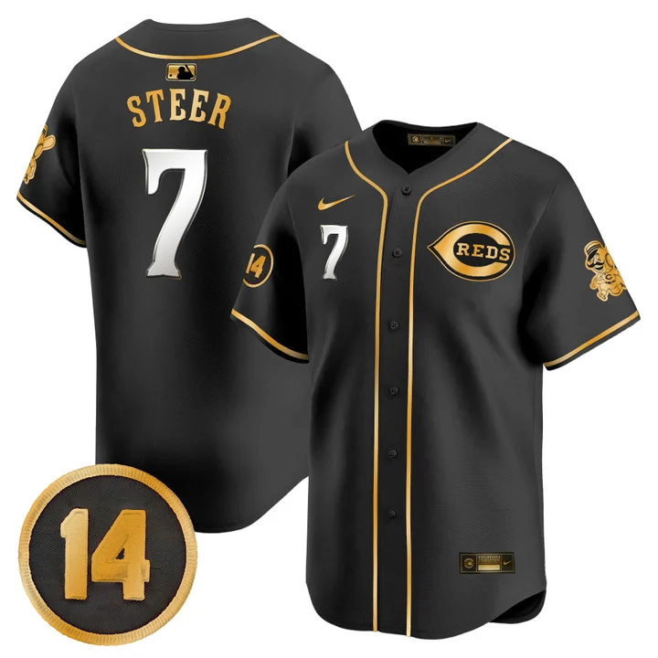 Men's Cincinnati Reds Pete Rose Patch Vapor Premier Limited Jersey BLACK GOLD#7 SPENCER STEER