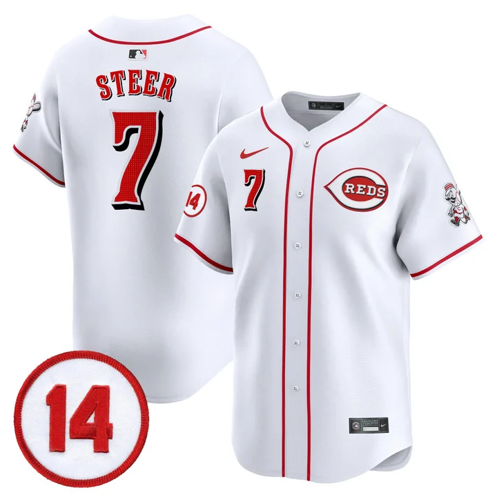 Men's Cincinnati Reds Pete Rose Patch Vapor Premier Limited Jersey WHITE#7 SPENCER STEER
