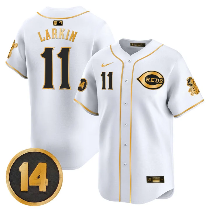 Men's Cincinnati Reds Pete Rose Patch Vapor Premier Limited Jersey WHITE GOLD#11 BARRY LARKIN