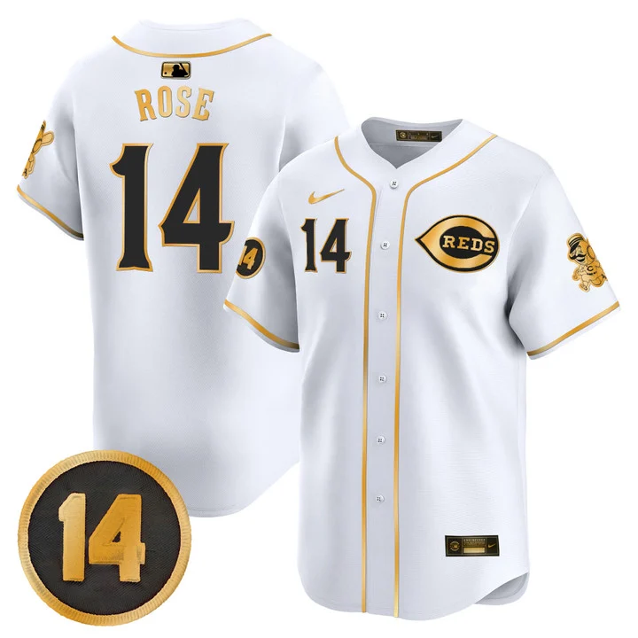 Men's Cincinnati Reds Pete Rose Patch Vapor Premier Limited Jersey WHITE GOLD#14 PETE ROSE
