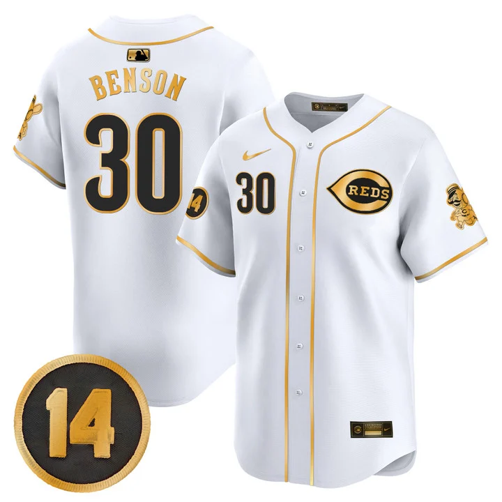 Men's Cincinnati Reds Pete Rose Patch Vapor Premier Limited Jersey WHITE GOLD#30 WILL BENSON