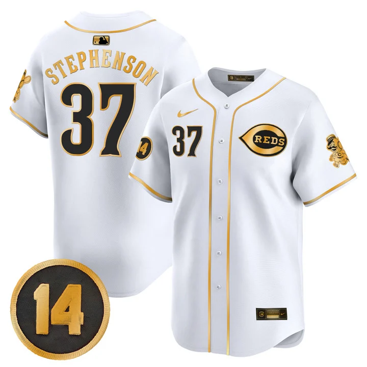 Men's Cincinnati Reds Pete Rose Patch Vapor Premier Limited Jersey WHITE GOLD#37 TYLER STEPHENSON