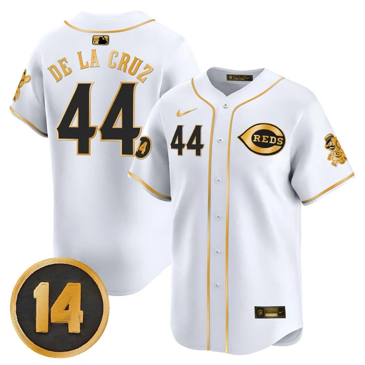 Men's Cincinnati Reds Pete Rose Patch Vapor Premier Limited Jersey WHITE GOLD#44 ELLY DE LA CRUZ