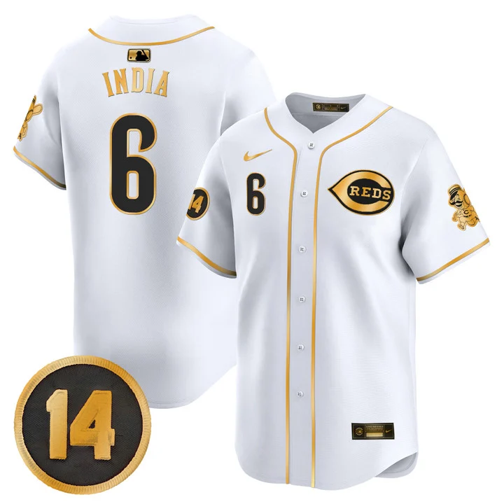 Men's Cincinnati Reds Pete Rose Patch Vapor Premier Limited Jersey WHITE GOLD#6 JONATHAN INDIA