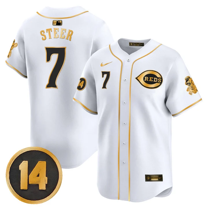 Men's Cincinnati Reds Pete Rose Patch Vapor Premier Limited Jersey WHITE GOLD#7 SPENCER STEER