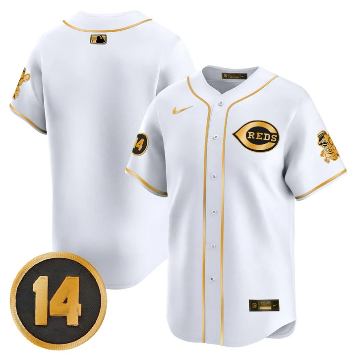 Men's Cincinnati Reds Pete Rose Patch Vapor Premier Limited Jersey WHITE GOLD BLANK