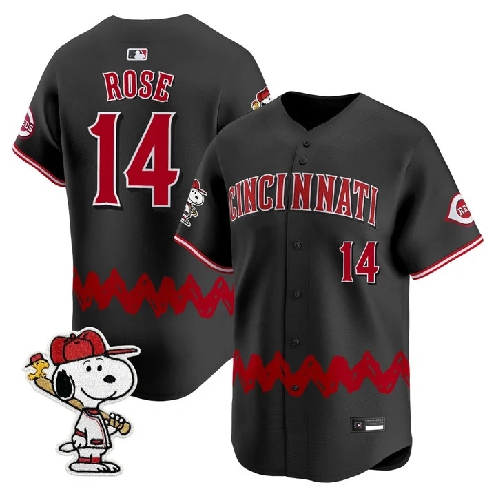 Men's Cincinnati Reds x Peanuts Vapor Premier Limited Jersey BLACK#14 PETE ROSE
