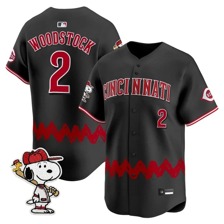 Men's Cincinnati Reds x Peanuts Vapor Premier Limited Jersey BLACK#2 WOODSTOCK