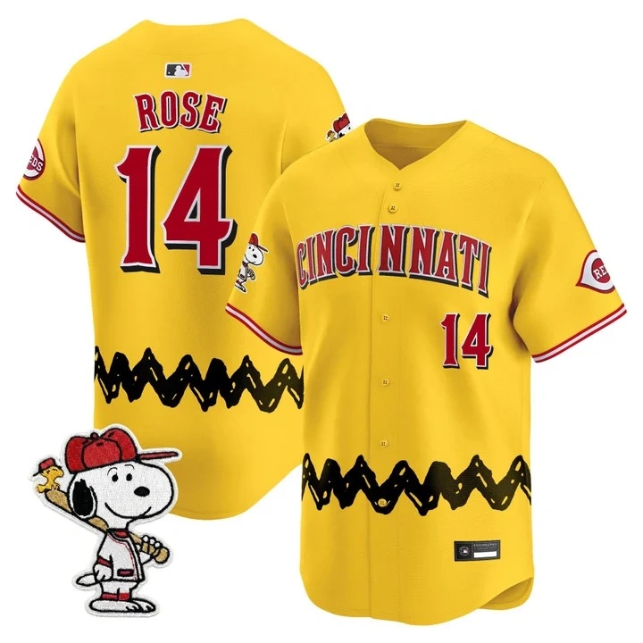 Men's Cincinnati Reds x Peanuts Vapor Premier Limited Jersey GOLD#14 PETE ROSE