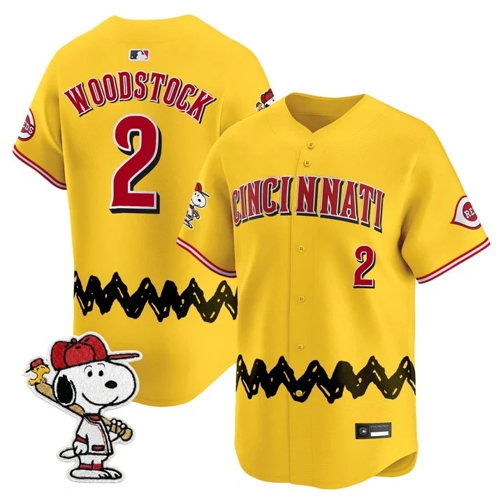 Men's Cincinnati Reds x Peanuts Vapor Premier Limited Jersey GOLD#2 WOODSTOCK