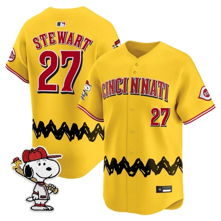 Men's Cincinnati Reds x Peanuts Vapor Premier Limited Jersey GOLD#27 SAL STEWART