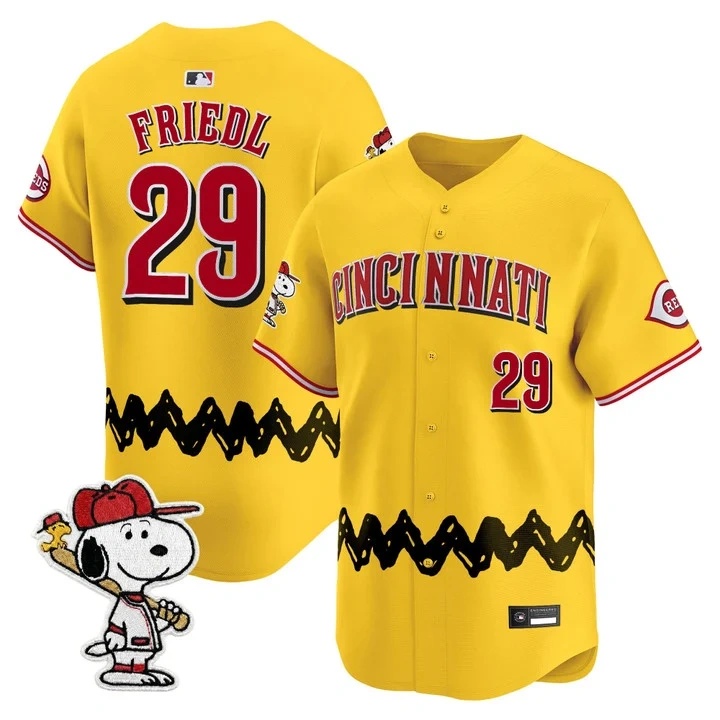 Men's Cincinnati Reds x Peanuts Vapor Premier Limited Jersey GOLD#29 TJ FRIEDL