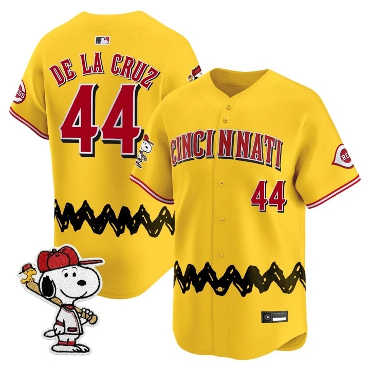 Men's Cincinnati Reds x Peanuts Vapor Premier Limited Jersey GOLD#44 ELLY DE LA CRUZ