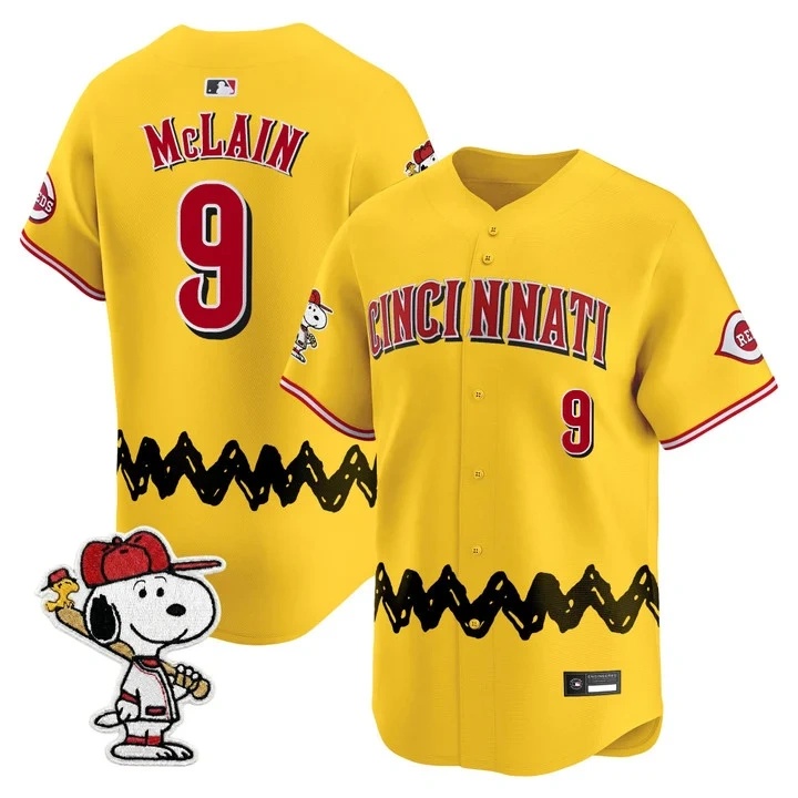 Men's Cincinnati Reds x Peanuts Vapor Premier Limited Jersey GOLD#9 MATT MCLAIN