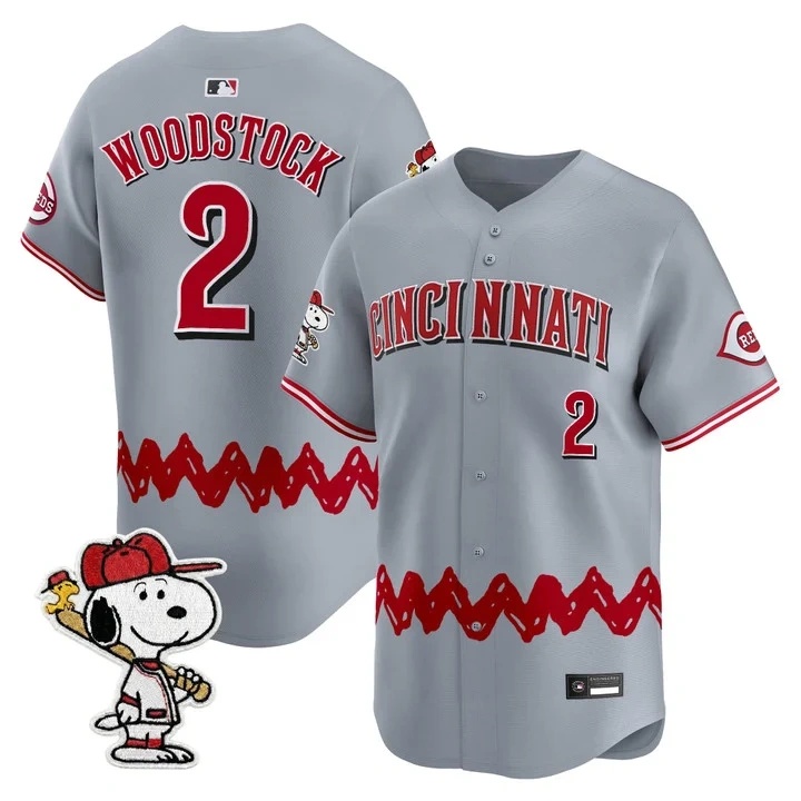 Men's Cincinnati Reds x Peanuts Vapor Premier Limited Jersey GRAY#2 WOODSTOCK