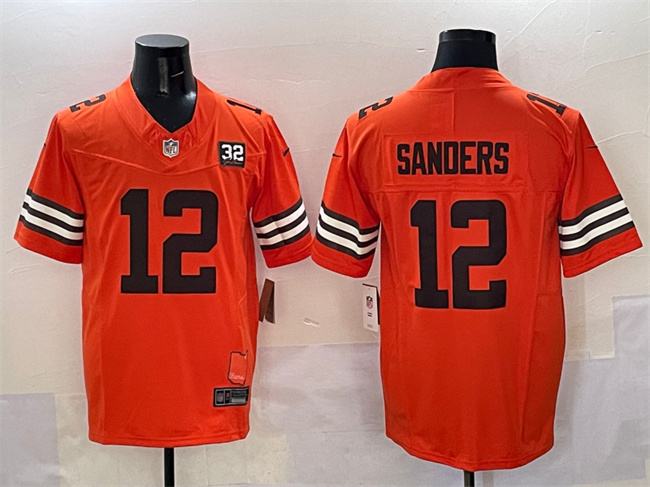 Men's Cleveland Browns #12 Shedeur Sanders Orange 2025 Draft F.U.S.E. With Jim Brown Memorial & Home Patch Vapor Limited Football Stitched Jersey