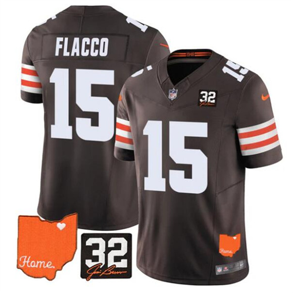 Men's Cleveland Browns #15 Joe Flacco Brown 2025 F.U.S.E. With Jim Brown Memorial & Home Patch Vapor Limited Football Stitched Jersey