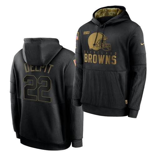 Men's Cleveland Browns #22 Grant Delpit 2020 Salute To Service Black Sideline Performance Pullover Hoodie