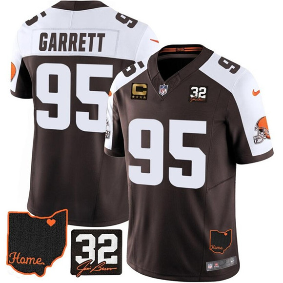 Men's Cleveland Browns #95 Myles Garrett Brown Alternate 2025 F.U.S.E. 4-Star C Patch With Jim Brown Memorial & Home Patch Vapor Limited Football Stitched Jersey