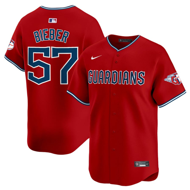 Men's Cleveland Guardians #57 Shane Bieber Red Alternate Limited Stitched Baseball Jersey