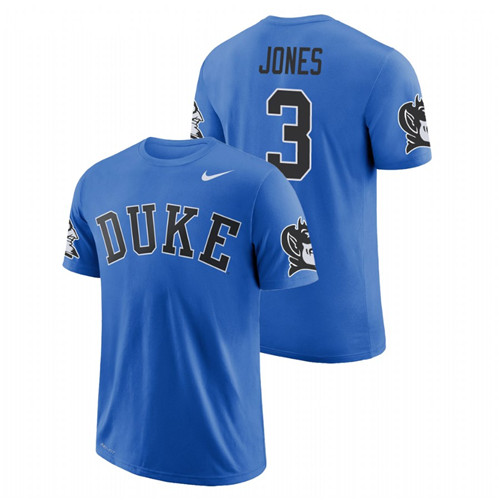 Men's College Basketball #3 Tre Jones Duke Blue Devils Performance Royal School Wordmark T-Shirt
