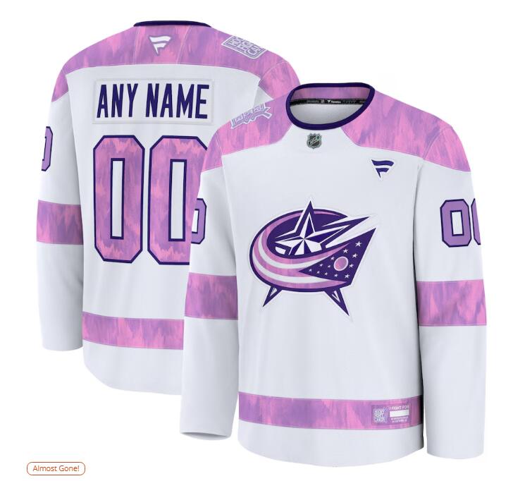 Men's Columbus Blue Jackets Fanatics White 2024 Hockey Fights Cancer Custom Practice Jersey