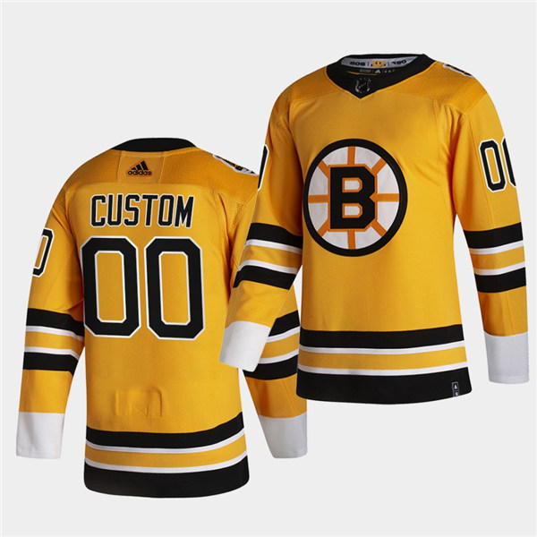 Men's Custom Boston Bruins Yellow 2021 adidas NHL REVERSE RETRO JERSEYS Stitched