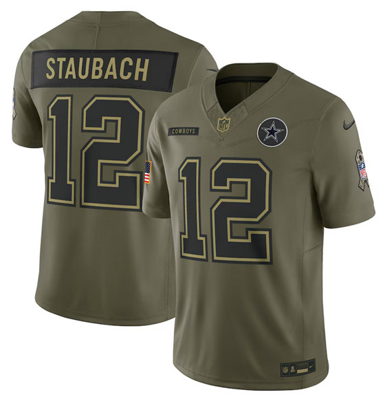 Men's Dallas Cowboys #12 Roger Staubach Olive 2025 Salute to Service Limited Football Stitched Jersey