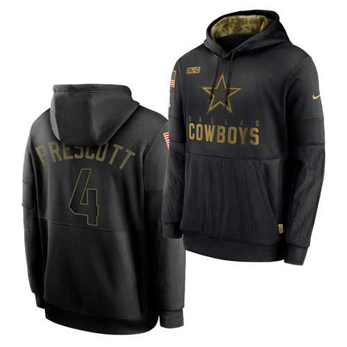 Men's Dallas Cowboys #4 Dak Prescott 2020 Salute To Service Black Sideline Performance Pullover Hoodie