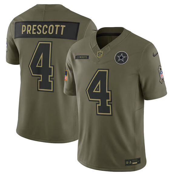 Men's Dallas Cowboys #4 Dak Prescott Olive 2025 Salute to Service Limited Football Stitched Jersey