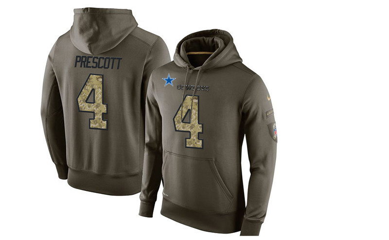 Men's Dallas Cowboys #4 Dak Prescott Olive Green Salute To Service Pullover Hoodie