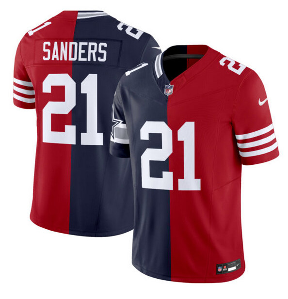 Men's Dallas Cowboys X 49ers #21 Deion Sanders Navy Red Split F.U.S.E. Vapor Limited Stitched Jersey