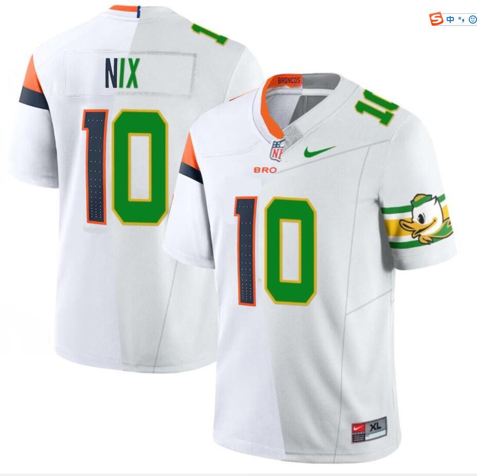 Men's Denver Broncos #10 Bo Nix White Green Half 2024 Draft F.U.S.E. Vapor Limited Football Stitched Jersey