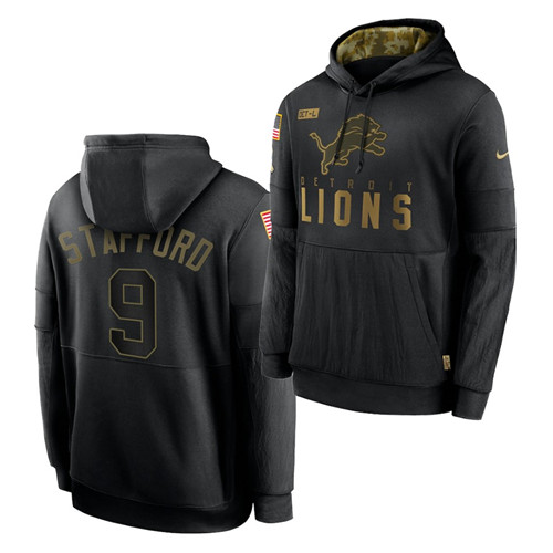 Men's Detroit Lions #9 Matthew Stafford 2020 Salute To Service Black Sideline Performance Pullover Hoodie