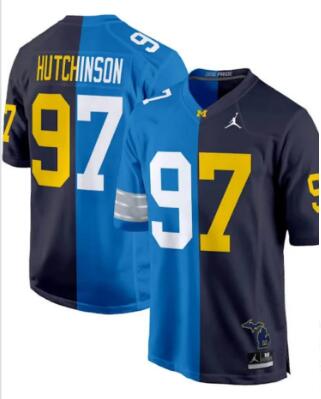 Men's Detroit Lions #97 Aidan Hutchinson Blue Navy Split Vapor Limited Stitched Jersey