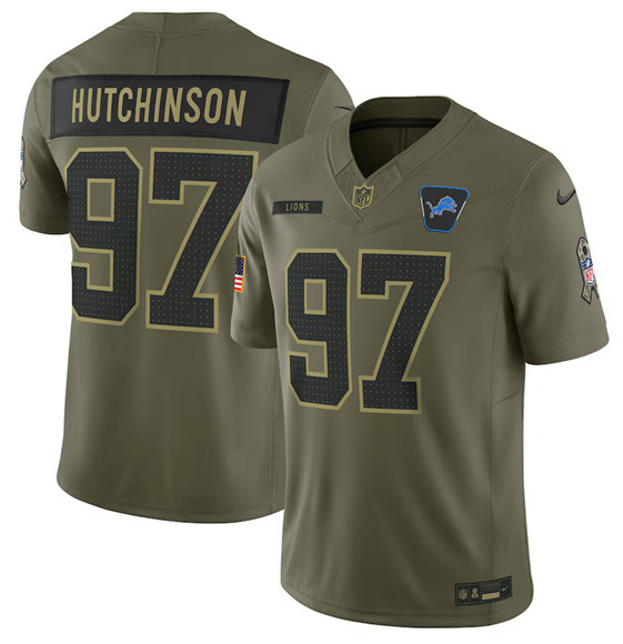 Men's Detroit Lions #97 Aidan Hutchinson Olive 2025 Salute to Service Limited Football Stitched Jersey