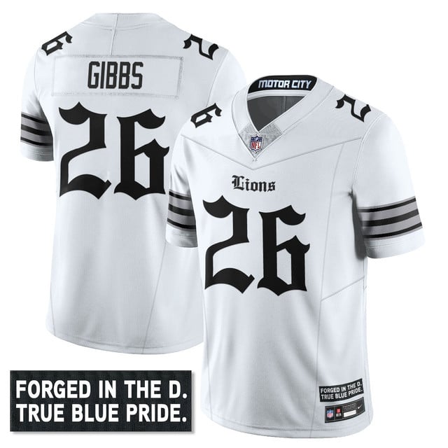 Men's Detroit Lions 'Gothic Motor City Edition' Vapor Limited Jersey - All Stitched White Jahmyr Gibbs - 26