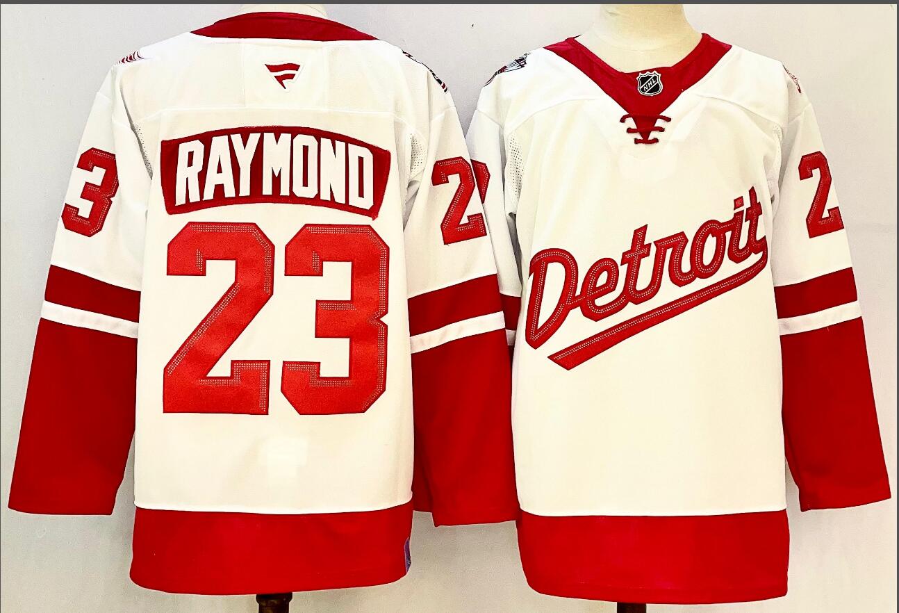 Men's Detroit Red Wings #23 Lucas Raymond White 2025 Home Stitched