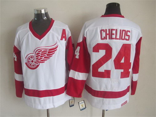 Men's Detroit Red Wings #24 Chris Chelios White CCM Vintage Throwback Jersey Stitched
