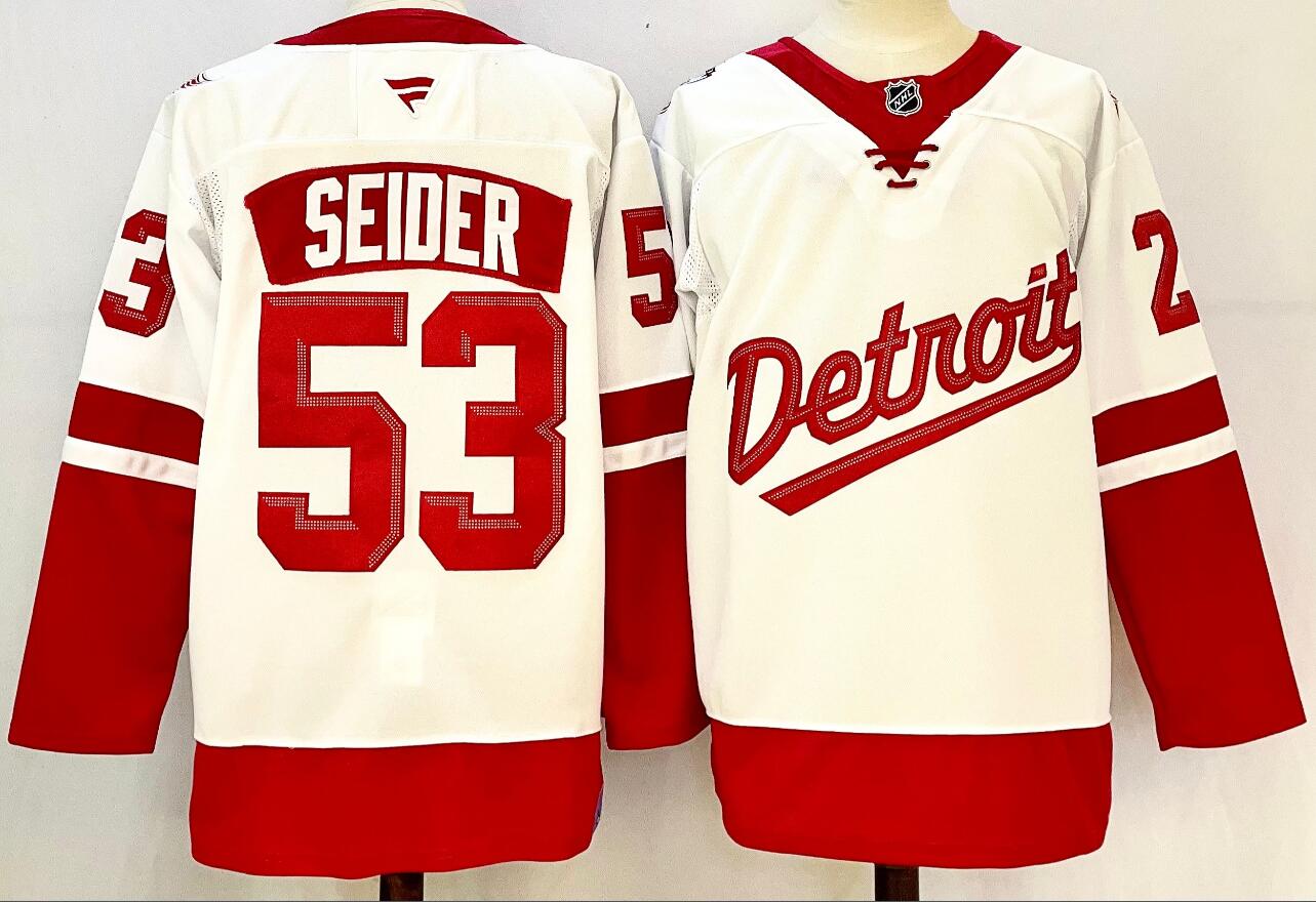Men's Detroit Red Wings #53 Moritz Seider White 2025 Stitched Jersey