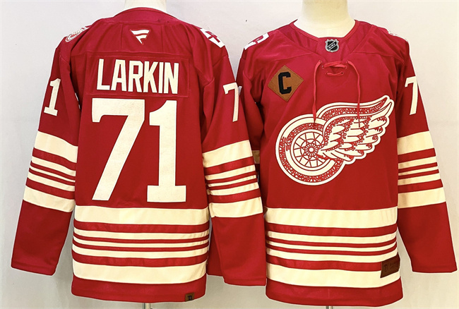 Men's Detroit Red Wings #71 Dylan Larkin Red 2025-26 With C Patch Centennial Premium Stitched Hockey Jersey