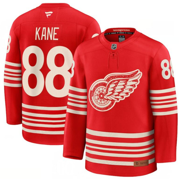 Men's Detroit Red Wings #88 Patrick Kane Red 2025 Centennial Premium Stitched Jersey