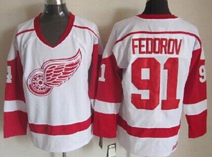 Men's Detroit Red Wings #91 Sergei Fedorov White Throwback CCM Jersey Stitched